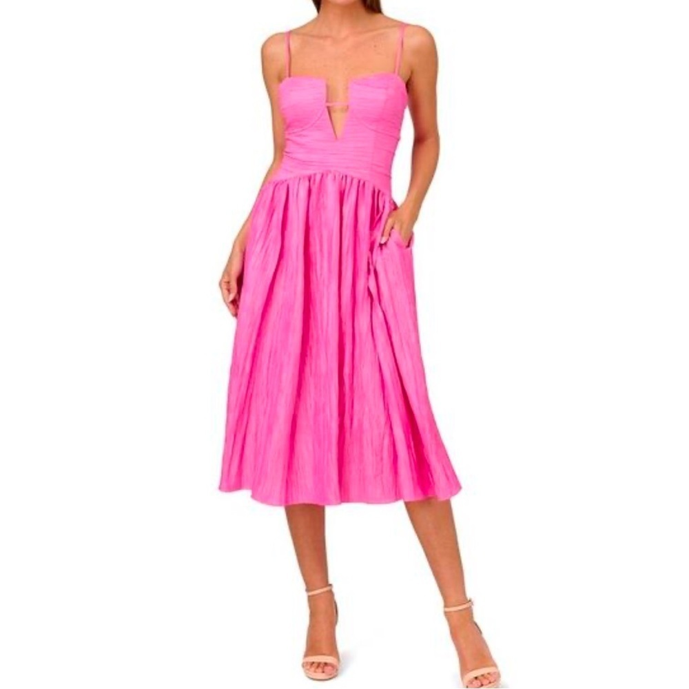 Liv Foster Crinkle Woven Aline Midi Dress Hot Pink Spaghetti Straps Prom 12 NWT
